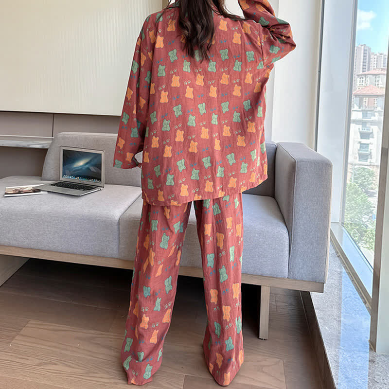 Plus Size Bear Cotton Lapel Loungewear Set - image 1