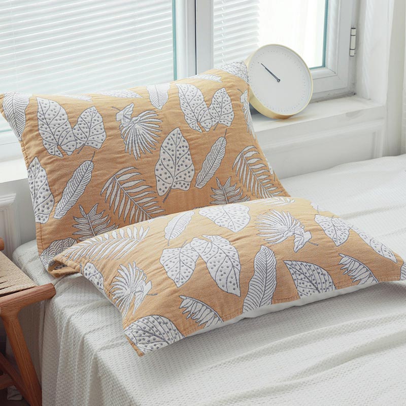 Ownkoti Leaf Print Pure Cotton Pillow Towel (2PCS) - Yellow - 50cm x 75cm - image 0