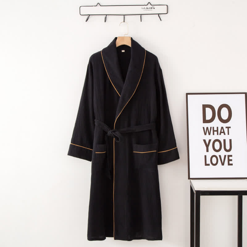 Solid Color Lapel Home Sleep Bathrobe - Black - XXL - image 9