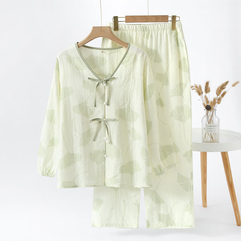 Ginkgo Leaf Bowknot Cotton Loungewear Set - Light Green - XL - image 12