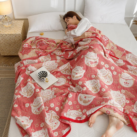 Cat Breathable Cotton Gauze Reversible Quilt - Red - Queen - image 0