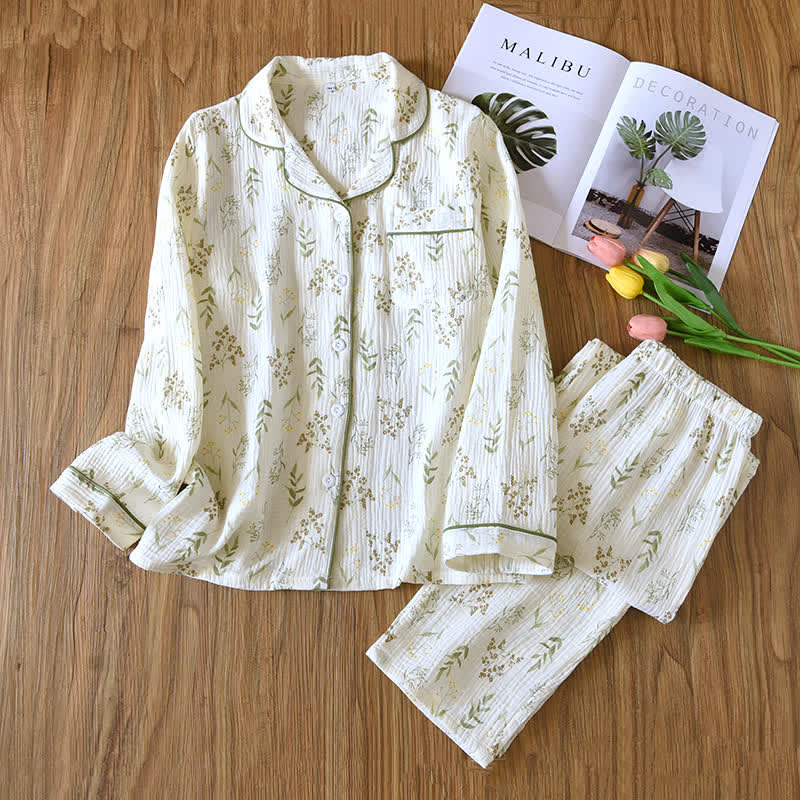 Floral Cotton Double Gauze Pajama Set - Beige & Green - XXL - image 0