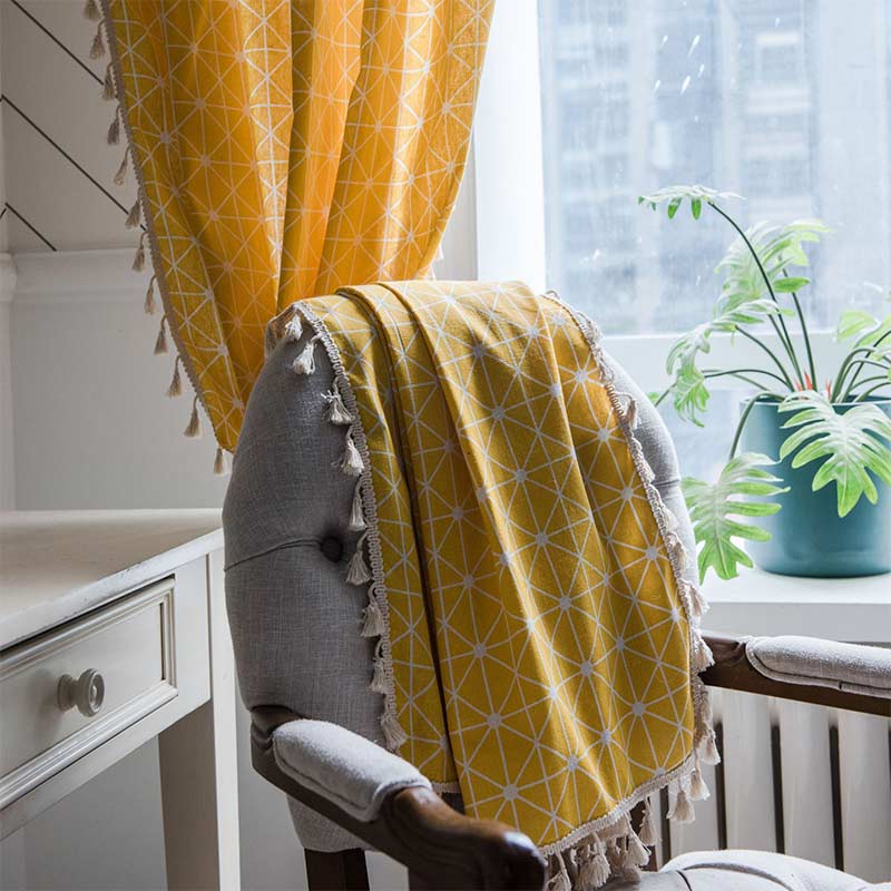 Ownkoti Yellow Plaid Translucent Curtains with Tassels - image 6
