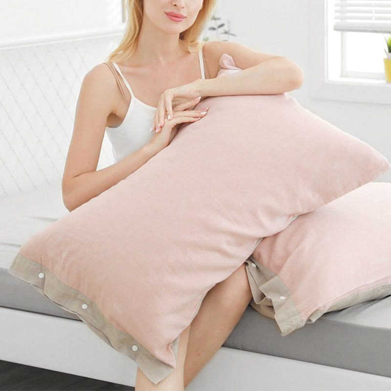 Simple Pure Color Button Cotton Pillowcase (2PCS) - Pink - 48cm x 74cm - image 2
