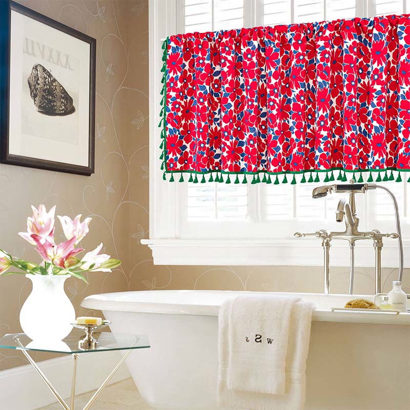 Red Flower Print Tassel Tier Curtain - image 4