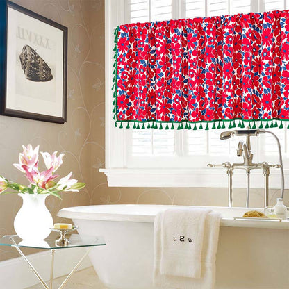 Red Flower Print Tassel Tier Curtain - image 4