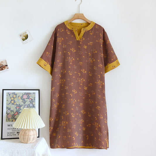 Natural Floral V-neck Soft Cotton Nightdress - Brown - L - image 0