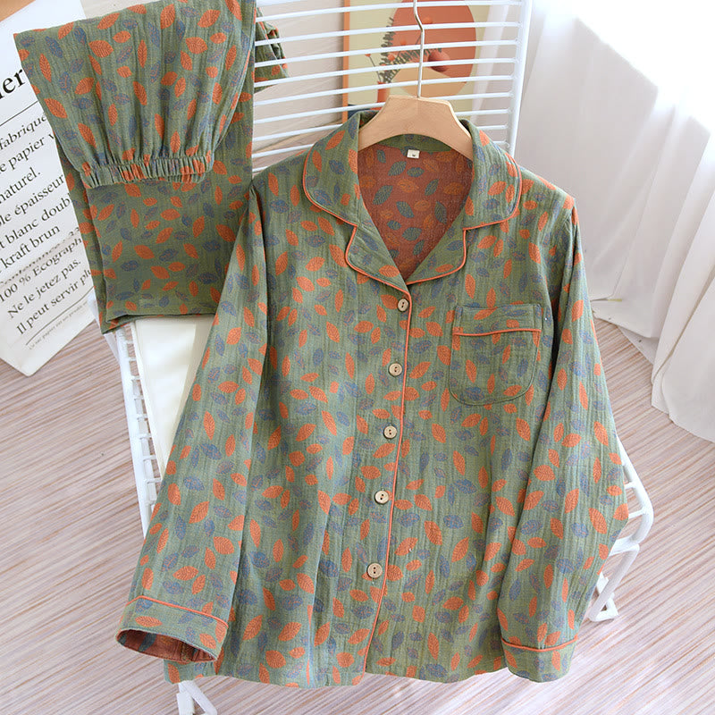 Leaf Pattern Soft Cotton Loungewear Set - Red & Green - Women - XL - image 12