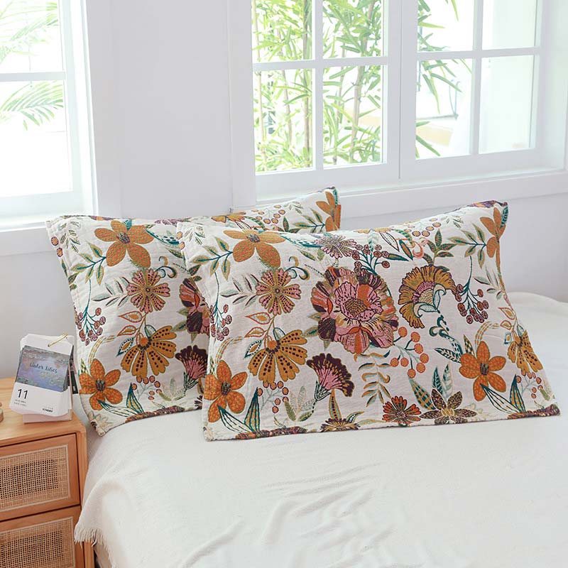 Luxuriant Flower Cotton Gauze Pillow Towel (2PCS) - White - 52cm x 75cm - image 1