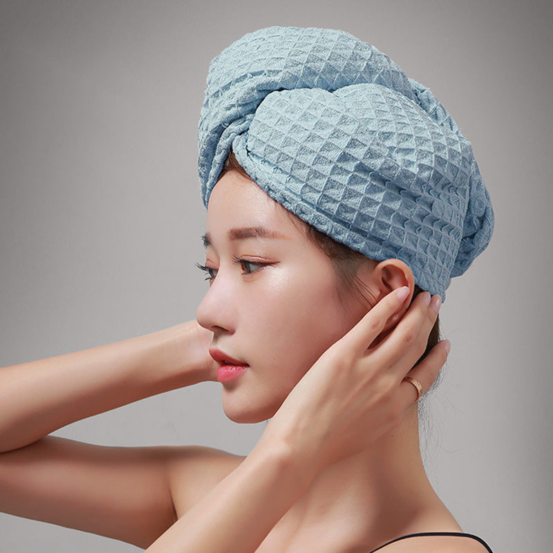 Waffle Weave Button Hair Drying Towel - Blue - 25cm x 65cm - image 3