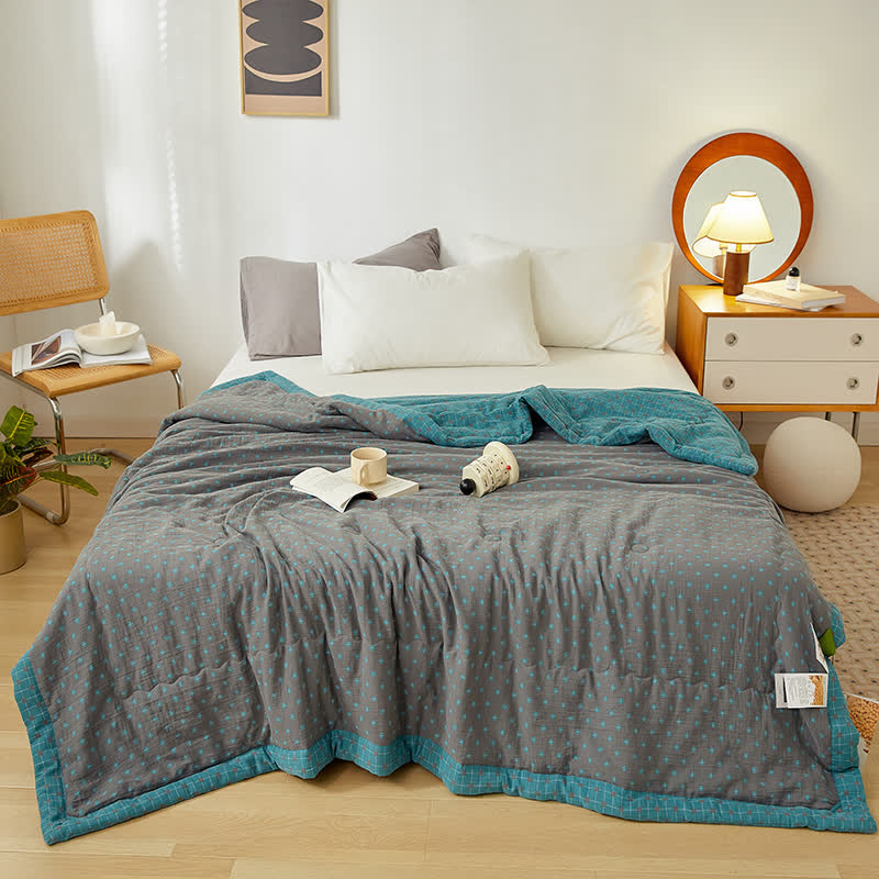 Grid Soft Pure Cotton Reversible Quilt  - Blue & Grey - King - image 5