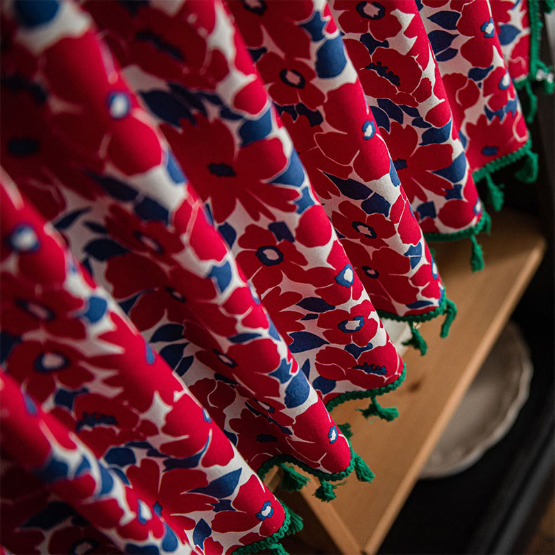 Red Flower Print Tassel Tier Curtain - image 6