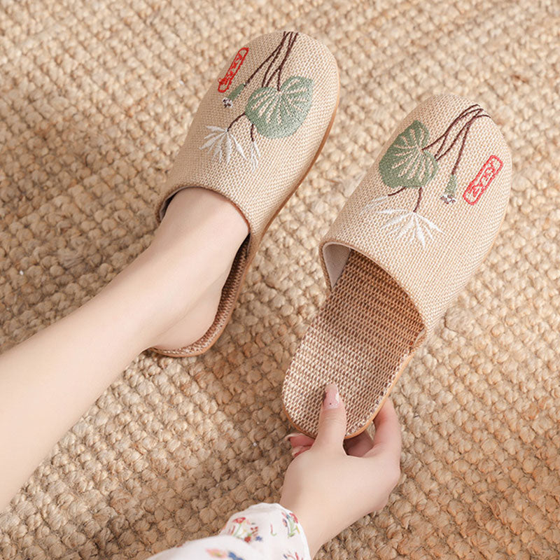 Retro Embroidered Lotus Flax Slippers - image 9