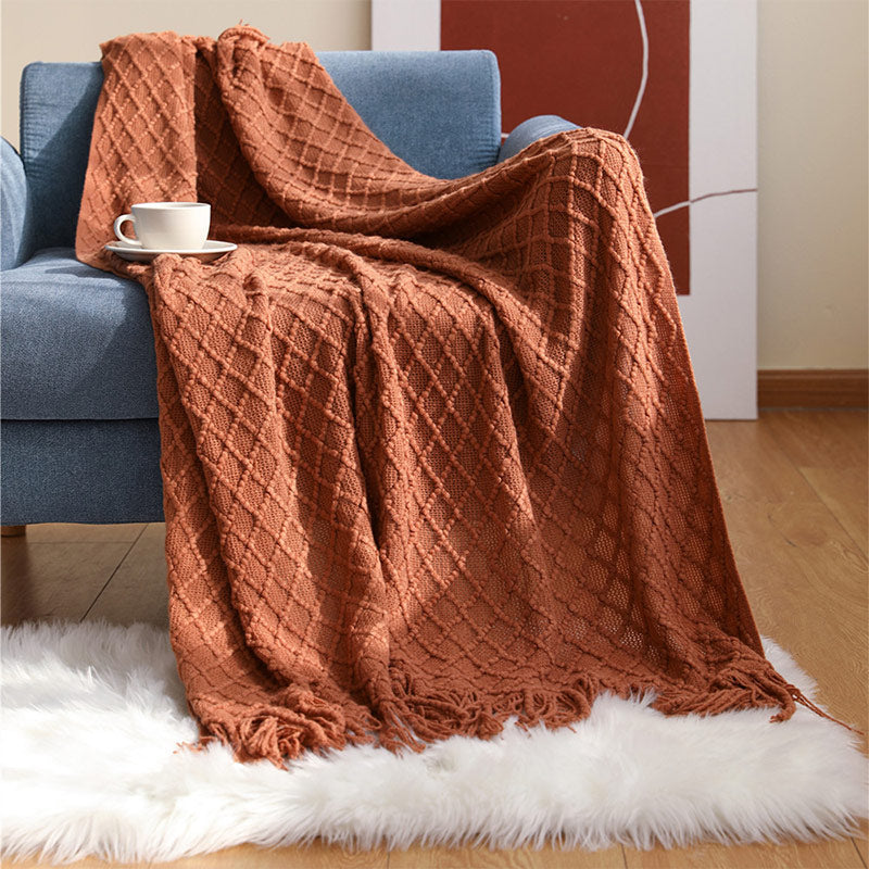 Ownkoti Knitted Prismatic Pattern Blanket with Tassels - Brick Red - 50" x 60" - image 10