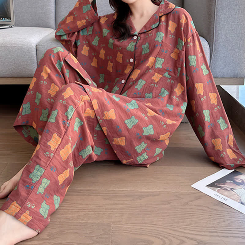 Plus Size Bear Cotton Lapel Loungewear Set - image 4