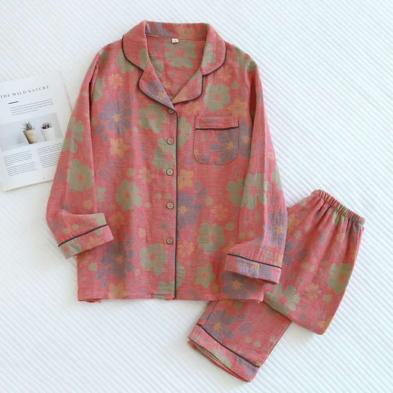 Vintage Floral Cotton Gauze Pajama Set - Pink & Green - XL - image 0
