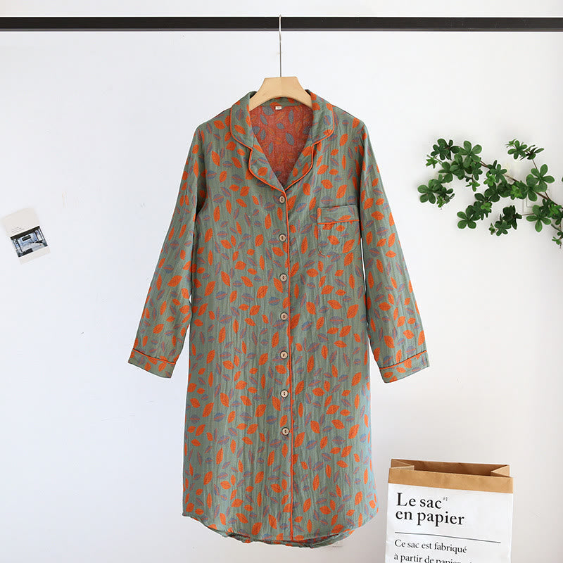 Leaf Tuxedo Button Cotton Nightdress - Leaf Pattern - Green & Red - XL - image 2