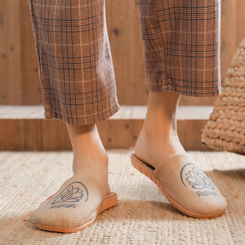 Retro Embroidered Lotus Flax Slippers - Blue - 3XL - image 15