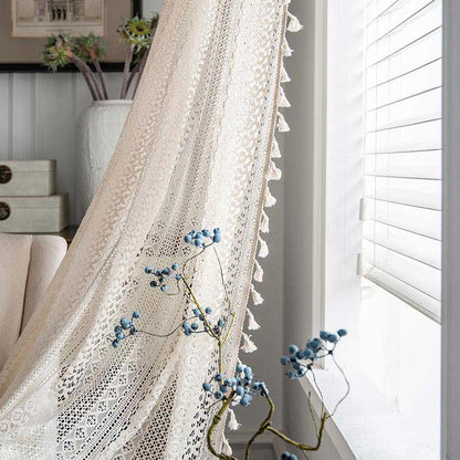 Cotton Beige Curtain Hollow-Out Tassel Drapes - image 1