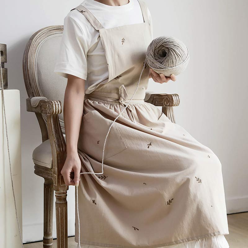 Ownkoti Cotton Flower Embroidered Apron With Pockets - Khaki - One Size - image 0