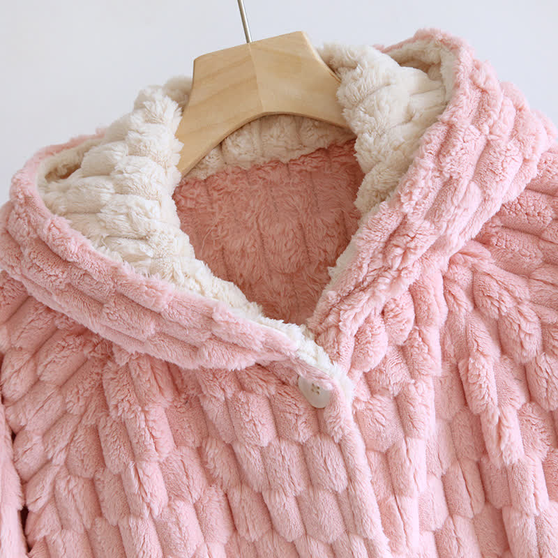 Solid Color Warm Flannel Hooded Bathrobe - image 3