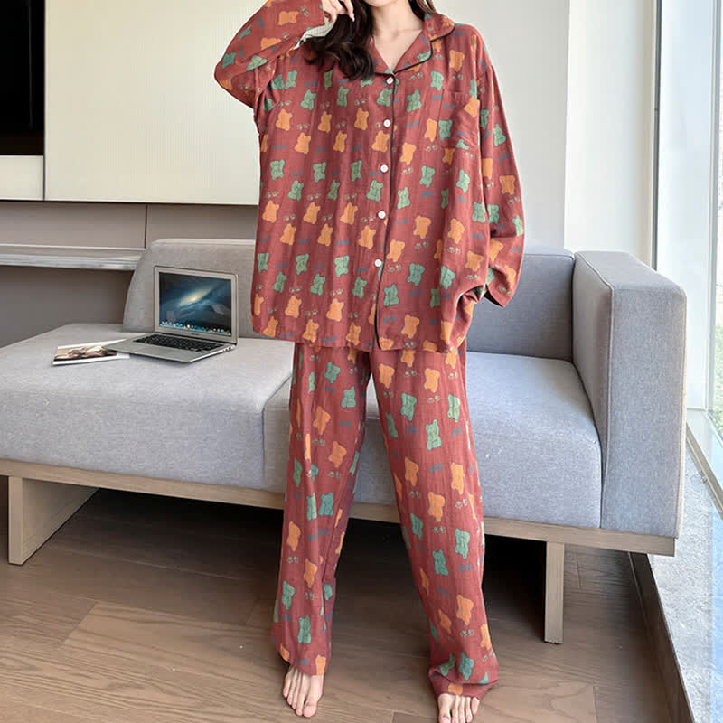 Plus Size Bear Cotton Lapel Loungewear Set - image 2