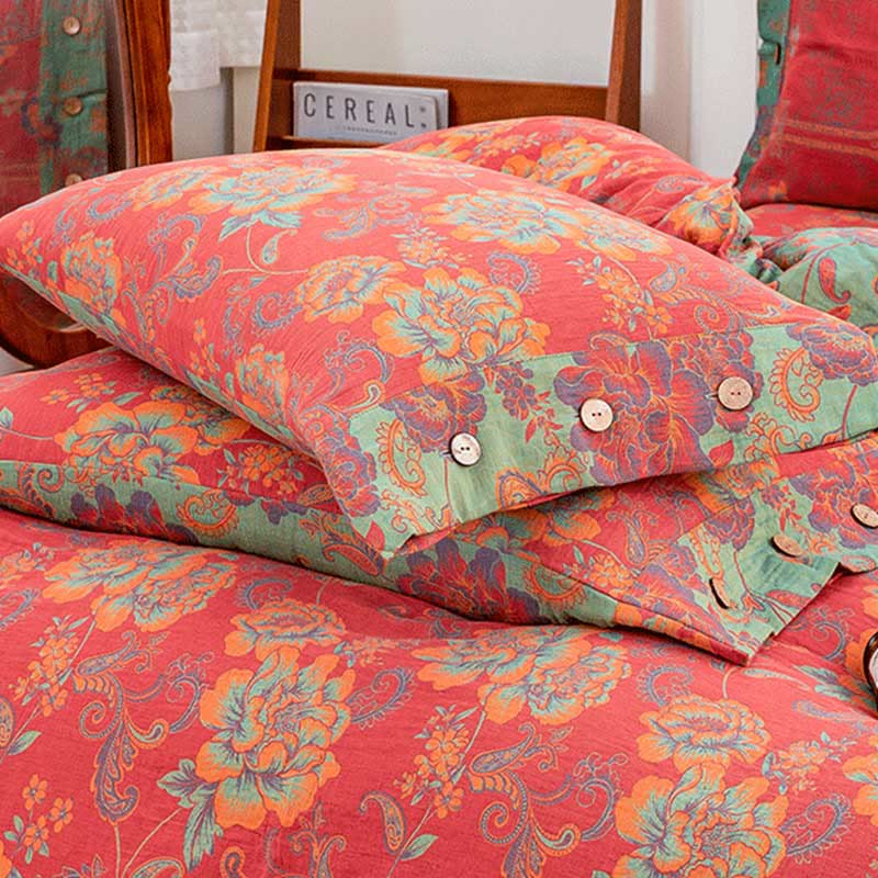 Flower Print Red Cotton Bedding Sets(4PCS) - image 6
