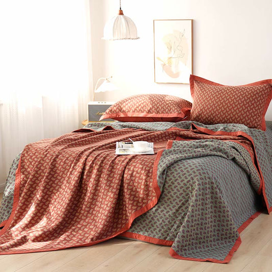 Cashew Flower Cotton Gauze Reversible Quilt - Quilt with 2pcs Pillowcases - Red & Gray - King - image 0