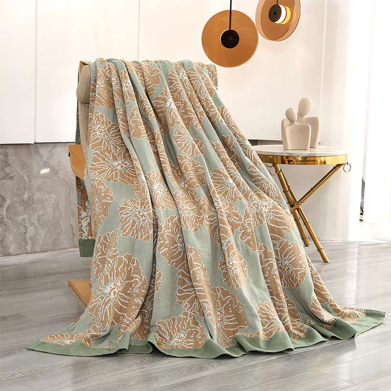 Lightweight Peony Cotton  Reversible Blanket - Green & Orange - 79" x 90" - image 7