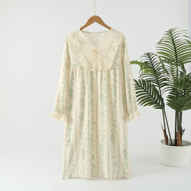 Pastoral Cotton Double Layers Gauze Nightgown - Beige & Green - XL - image 1