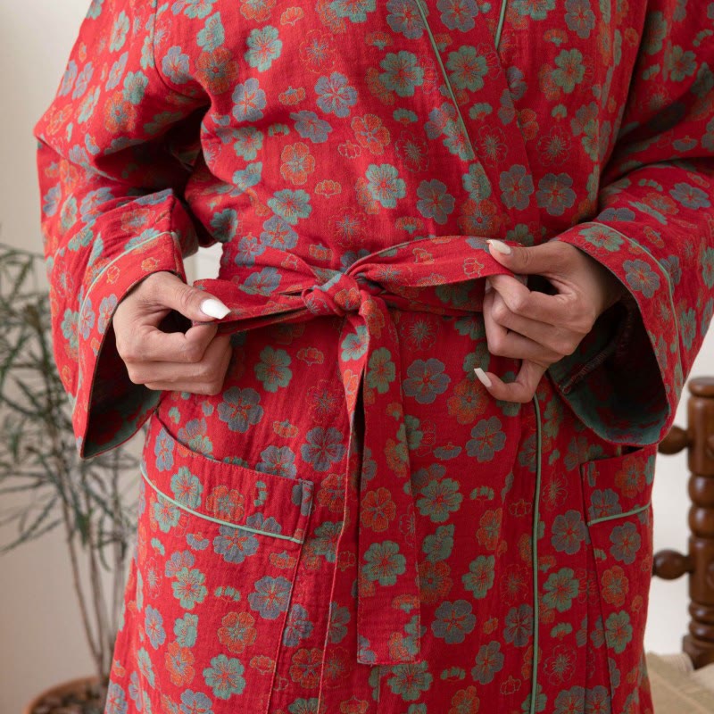 Plum Blossom Cotton Bathrobe With Tie - image 2