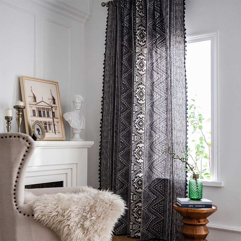Ownkoti Bohemian Black Geometric Cotton Tassels Curtains - Hook - 59"W x 118"L - image 0