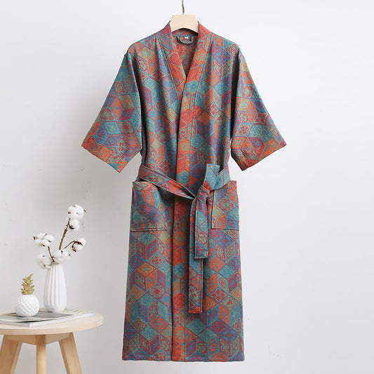 Rhombus Grid Cotton Bathrobe with Belt - Colorful - XL - image 0