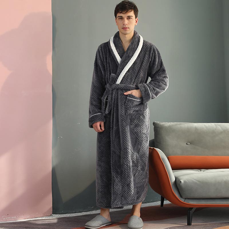 Thick Fleece Pajama Comfy Bathrobe - Gray - Men: M - image 14
