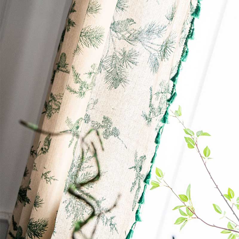 Green Pine Bird Pattern Tassel Curtain - image 6