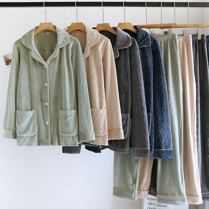 Solid Color Lapel Flannel Pajama Set - image 3