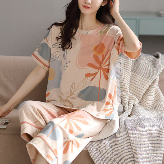 Flower Leaf Print Cotton Loungewear Set - Beige - 2XL - image 0