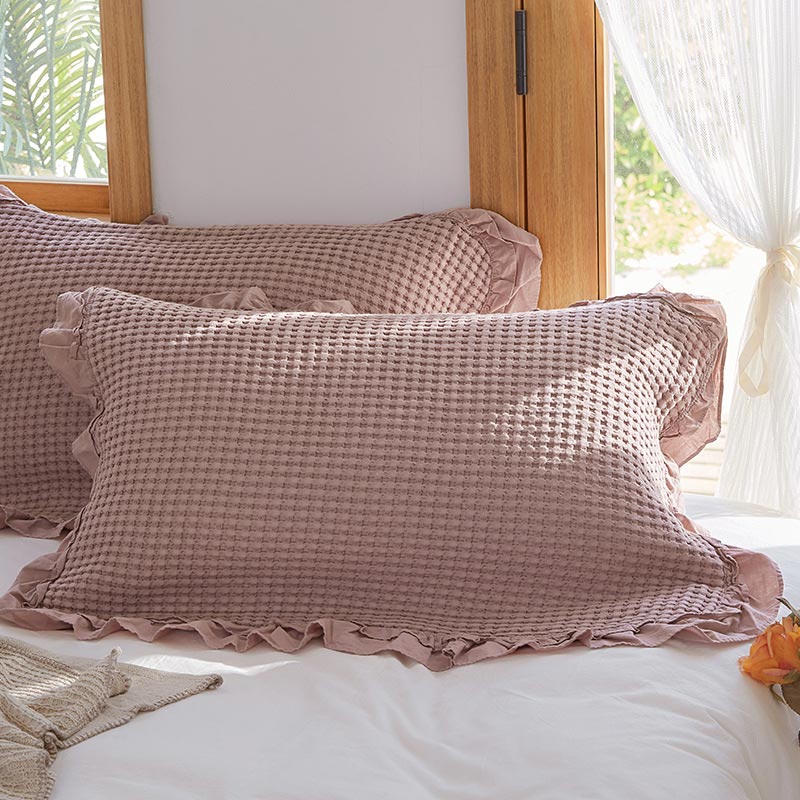 Waffle Weave Cotton Pillowcases with Ruffle (2PCS) - Deep Pink - 50cm x 75cm - image 5