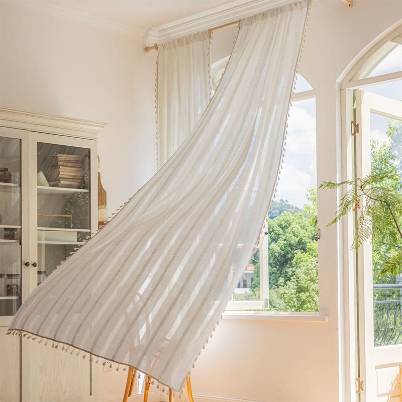 Stripe Semi-Blackout Curtain Hollow-Out Tassel Drapes - Rod Pocket - 55"W × 118"L - image 0