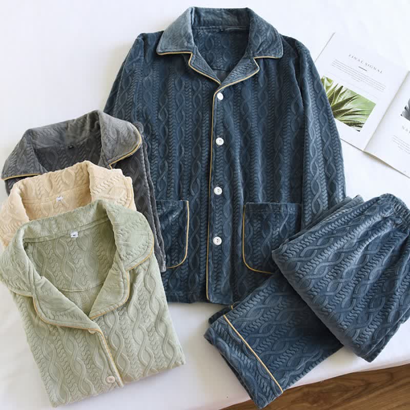 Solid Color Lapel Flannel Pajama Set - image 0