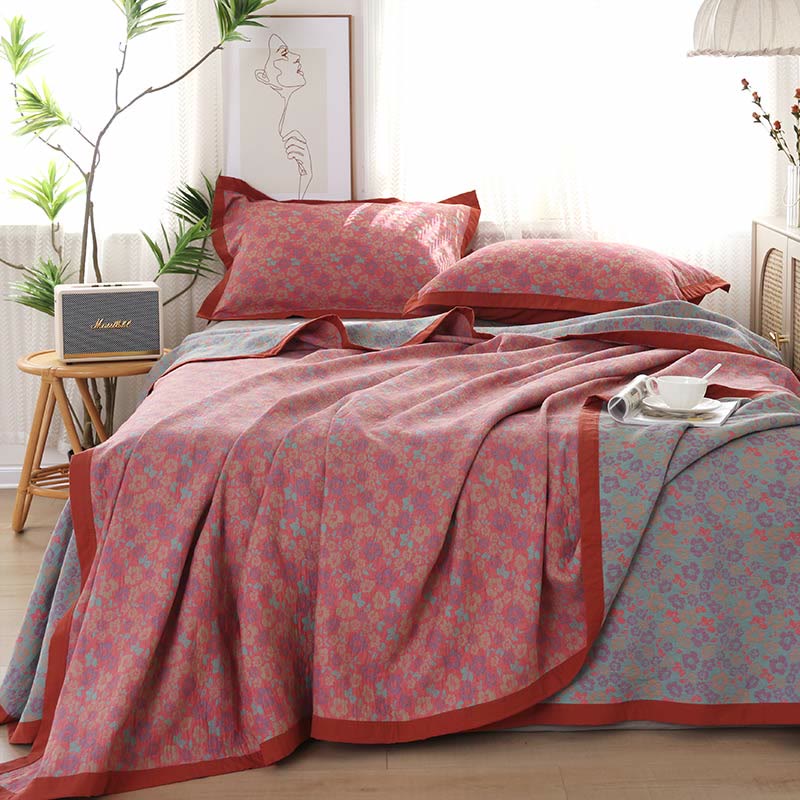Floral Jacquard Cotton Gauze Reversible Quilt - Quilt with 2pcs Pillowcases - Pink - King - image 7