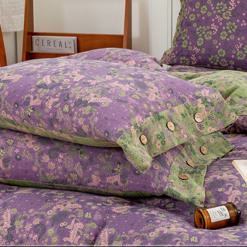 Boho Flower Purple Cotton Bedding Sets(4PCS) - image 5
