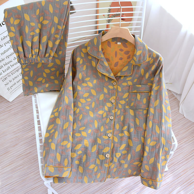 Leaf Pattern Soft Cotton Loungewear Set - Yellow & Beige - Women - XL - image 2
