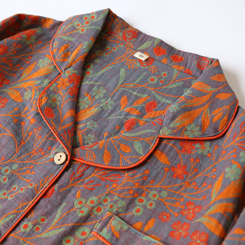 Vintage Leaf Cotton Lapel Loungewear Set - image 2