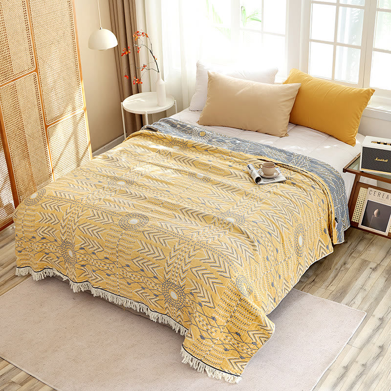 Geometric Pattern Soft Cotton Reversible Quilt - Yellow & Bluish Gray - Queen - image 0