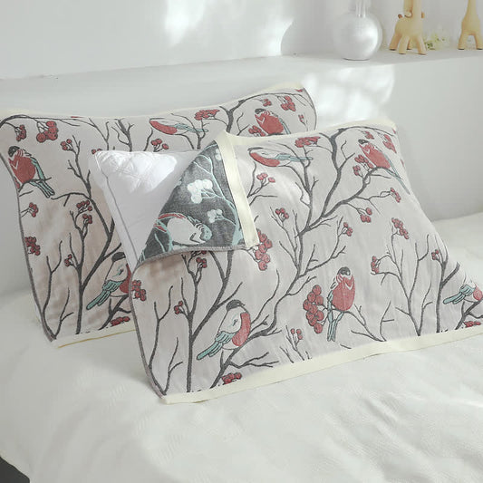 Cotton Gauze Hawthorn Bird Pillow Towel (2PCS) - White Red - 52cm x 76cm - image 0