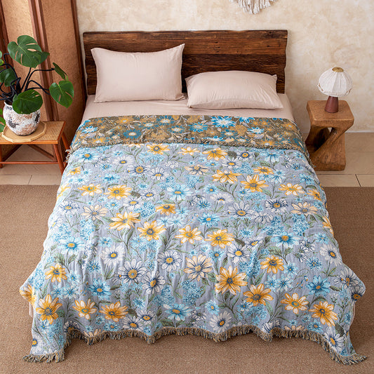 Vintage Floral Daisy Fringed Gauze Quilt - Queen - image 0