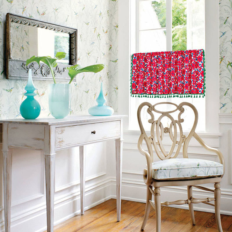 Red Flower Print Tassel Tier Curtain - image 2