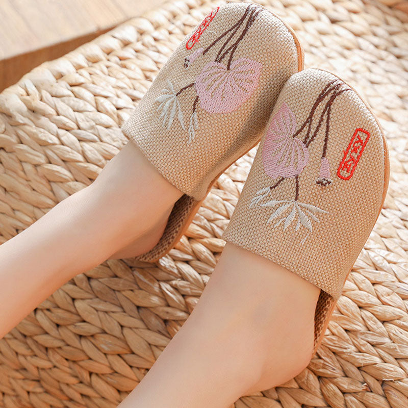Retro Embroidered Lotus Flax Slippers - image 1