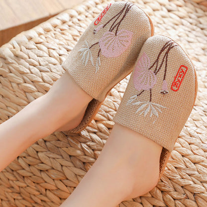 Retro Embroidered Lotus Flax Slippers - image 1